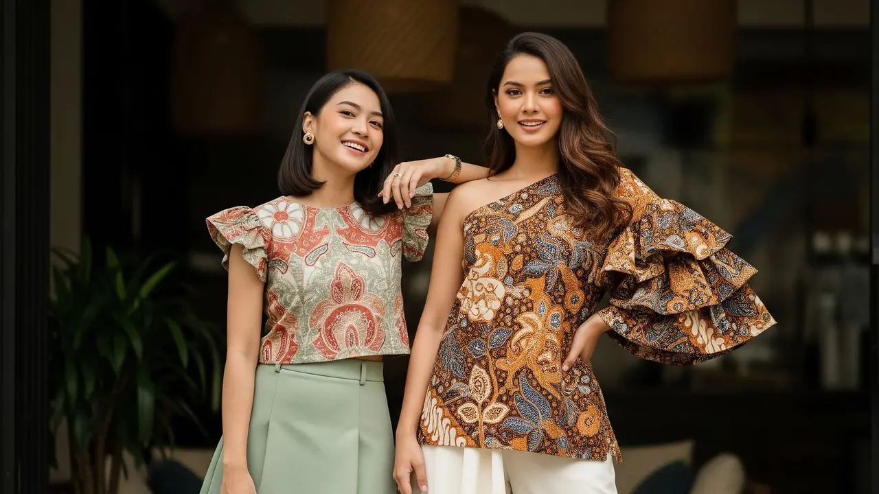 Inspirasi Outfit Baju Batik Lengan Ruffle Lipit Feminin. Foto: Gemini