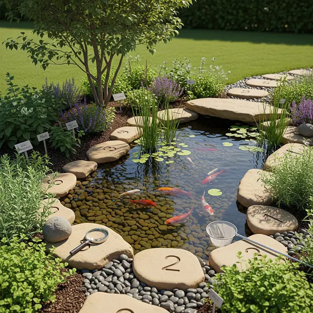 Taman Depan Rumah dengan Kolam Ikan Ramah Anak (Gemini AI)