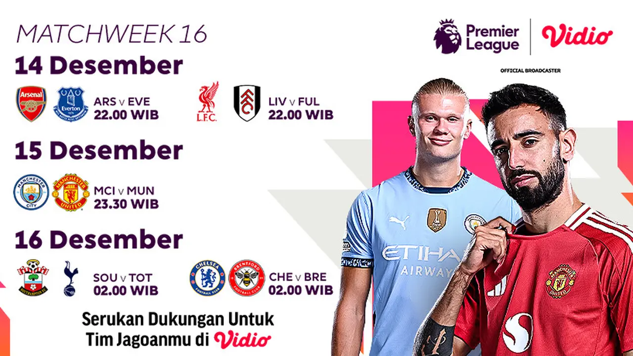 Jadwal Liga Inggris 2024/2025 Matchweek 16