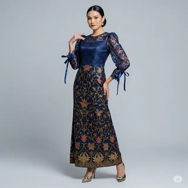 Model Batik Long Dress Kombinasi Brokat Lengan Puff.