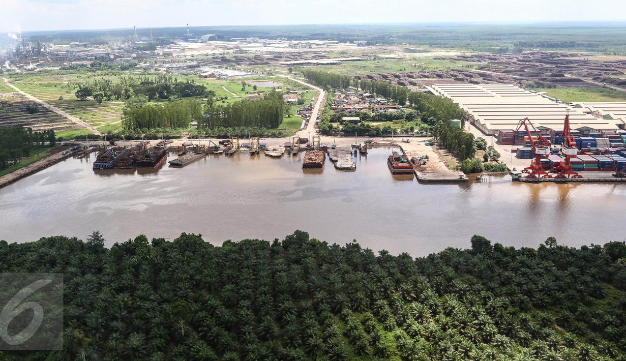 Suasana kapal tongkang saat bersandar di Pelabuhan PT. Indah Kiat Pulp and Paper,  Kabupaten Siak, Riau, (18/07). Kapal tongkang hanya bisa masuk dan bersandar dengan ketinggian maksimal 17 meter dari permukaan laut. (Liputan6.com/Fery Pradolo)