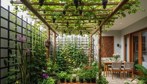 Pergola atau Trellis untuk Tanaman Buah Rambat/Ide Kebun Buah Mini Campur Tanaman Hias agar Terlihat Estetik (Sumber: gemini.com)