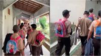 Potret kocak siswa SMK pakai tas bocah ke sekolah. (Sumber: TikTok/@kribowww_)