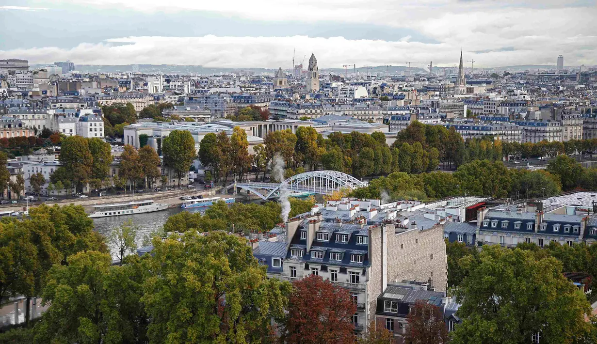 Awan menghiasi langit dalam pemandangan udara ini yang menampilkan Sungai Seine dan cakrawala kota Paris, Perancis, Selasa (6/10/2015). (REUTERS/Jacky Naegelen)