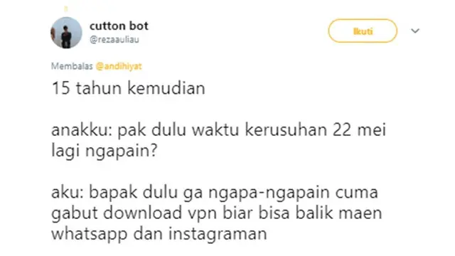 Cuitan kocak (Sumber: Twitter/rezaauliau)