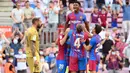 Ansu Fati yang tampil untuk pertama kali bagi Barcelona langsung menorehkan namanya di papan skor saat timnya mengalahkan Levante 3-0. Sontak seluruh pemain langsung menghampiri dan mengangkatnya layaknya seorang raja. (AFP/Lluis Gene)