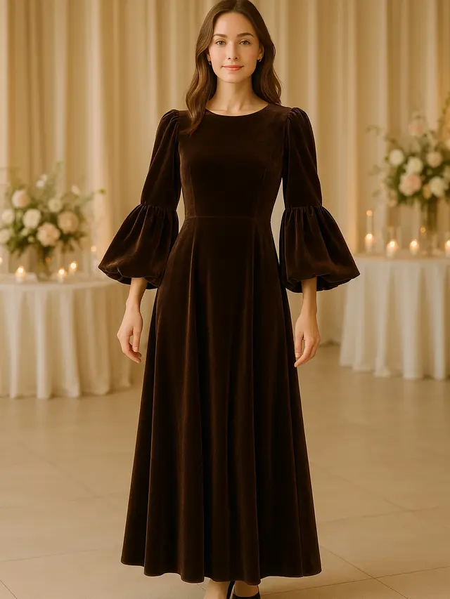 Long Dress Lengan Flare Bahan Velvet