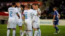 Penyerang Italia, Andrea Belotti (9) berselebrasi bersama rekan-rekannya usai mencetak gol ke gawang Liechtenstein pada Grup J Kualifikasi Piala Eropa 2020 di Vaduz, Liechtenstein (15/10/2019). Belotti mencetak dua gol dan mengantar Italia menang telak 5-0 atas Liechtenstein. (AFP Photo/Stefan Wermu