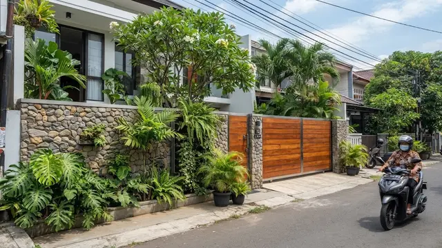 Model pagar kombinasi kayu dan batu untuk fasad natural sehingga hunian jadi tampil segar kekinian desain dengan taman di sela-sela