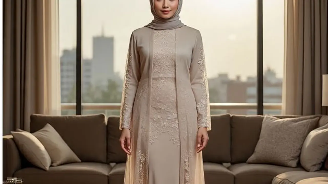 Ilustrasi Long Dress Brokat Kombinasi Outer Panjang (Sumber Gambar: Meta AI)