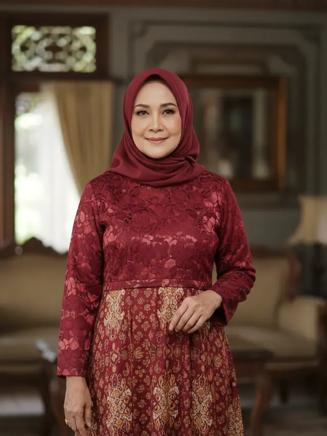 Gamis Batik Brokat Warna Maroon untuk Ibu 50 Tahun (Foto: Gemini AI)