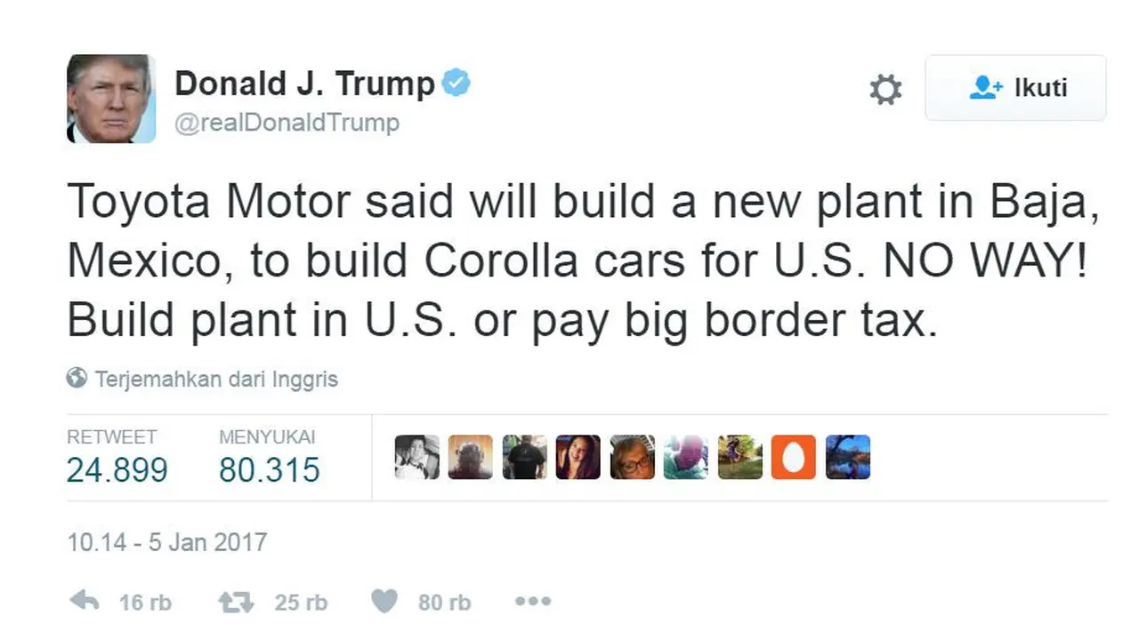 Kicauan Donald Trumpt tentang Toyota
