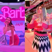 Caitlin Halderman memilih strapless crop top warna putih yang simple, dipadukan dengan celana panjang bermotif warna pink khas Barbie. [Instagram/caitlinhalderman].