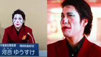 Yuusuke Kawai, mencalonkan diri sebagai gubernur di prefektur Chiba, Jepang menjadi viral di media sosial karena penampilannya yang menyerupai tokoh komik the Joker (NHK / screengrab))