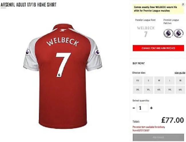 Nomor punggung 7 sempat tertulis nama Danny Welbeck.