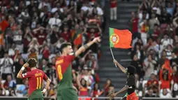 Seorang penyusup lapangan berlari sambil mengibarkan bendera Portugal di tengah laga Grup J Kualifikasi Euro 2024 antara Timnas Portugal menghadapi Bosnia Herzegovina di Luz Stadum, Lisbon, Portugal, Minggu (18/6/2023) dini hari WIB. (AFP/Patricia De Melo Moreira)