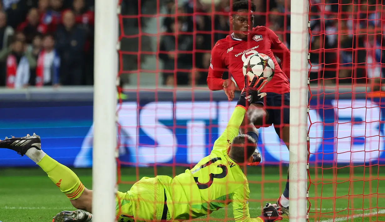 Hingga akhir pertandingan, gol tunggal Jonathan David menjadi penentu kemenangan Lille atas Real Madrid. (FRANCK FIFE/AFP)
