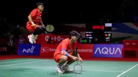 Aksi ganda putra Indonesia, Leo Rolly Carnando/Daniel Marthin di babak 32 besar Indonesia Masters 2024 yang digelar di Istora Gelora Bung Karno, Jakarta, Selasa (23/1/2024). (Bola.com/Bagaskara Lazuardi)