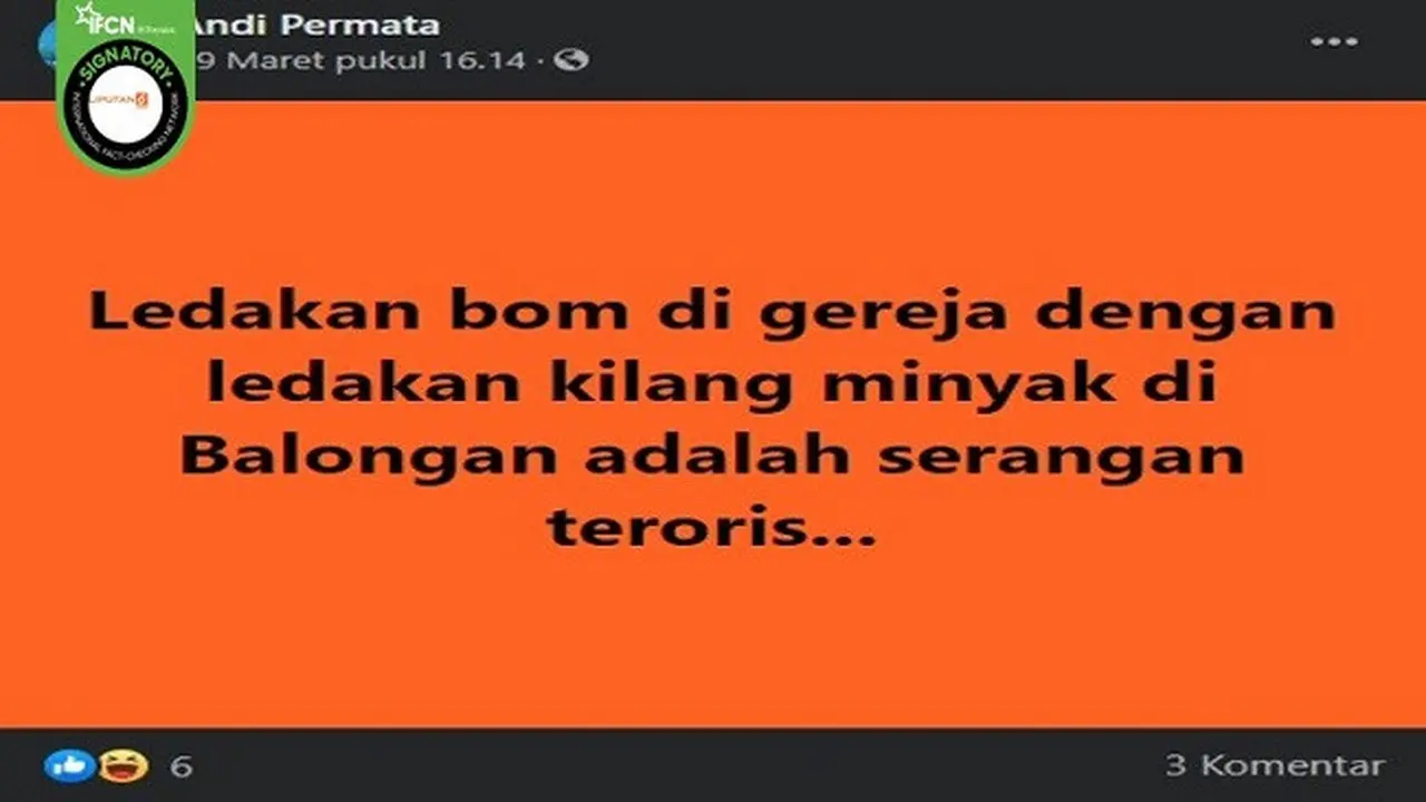 Gambar Tangkapan Layar Klaim Ledakan di Kilang Minyak Balongan Akibat Serangan Teroris (sumber: Facebook)