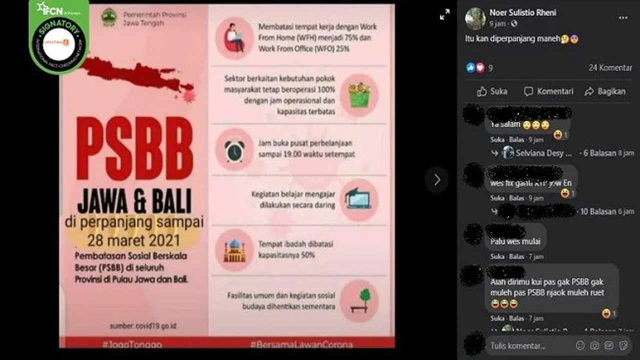 Gambar Tangkapan Layar Kabar tentang PSBB Jawa dan Bali Diperpanjang hingga 28 Maret 2021 (sumber: Facebook)