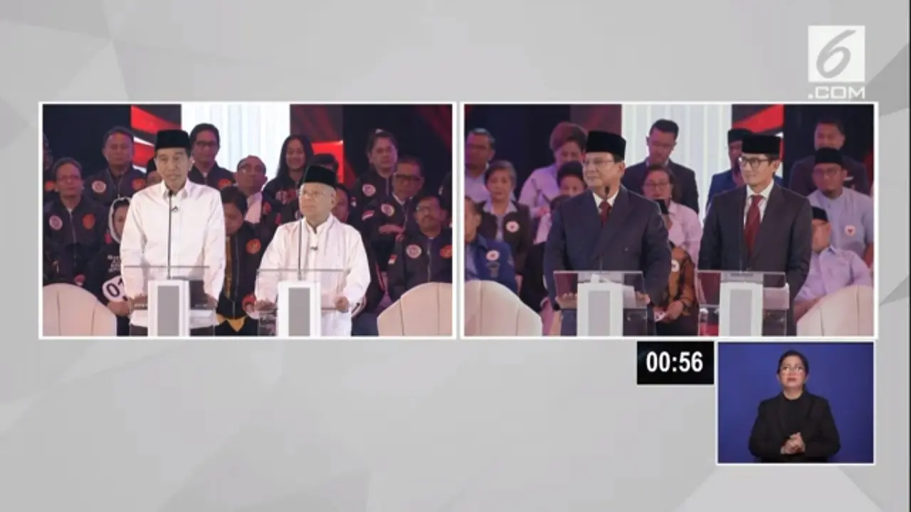 Pasangan Jokowi-Ma'ruf Amin dan Prabowo-Subianto saat debat capres cawapres 2019