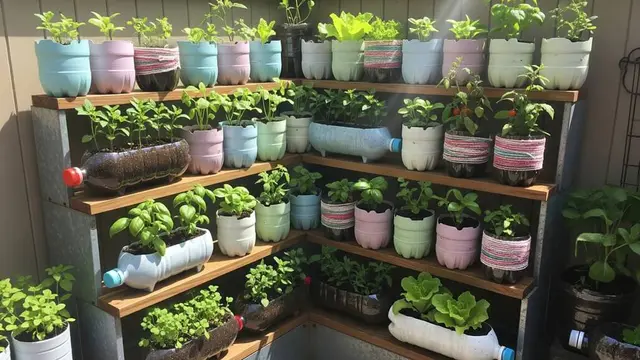 Model Kebun Mungil di Halaman Belakang dengan Botol Bekas