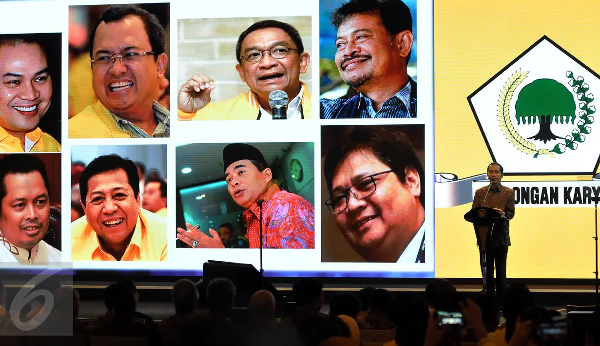 Presiden Joko Widodo (Jokowi) menyampaikan sambutan pada pembukaan Munaslub Partai Golkar di Nusa Dua Convention Center, Bali, Sabtu (14/5). Pemilihan Ketua Umum dan Munaslub Golkar dilaksanakan pada 14-16 di Pulau Dewata (Liputan6.com/Johan Tallo)