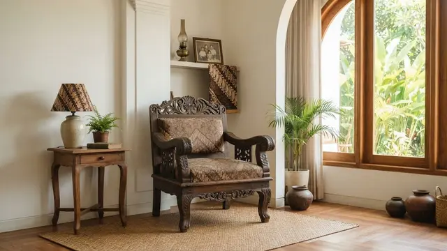 Ide dekorasi rumah menggunakan perabot antik model menempatkan kursi antik di sudut ruangan, yang bikin interior jadi terasa mewah dan elegan
