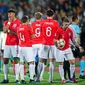 Para pemain Inggris saat melawan Bulgaria pada laga Kualifikasi Piala Dunia 2020 di Stadion Vasil Levski, Sofia, Senin (14/10). Bulgaria kalah 0-6 dari Inggris. (AFP/Nikolay Dychinov)