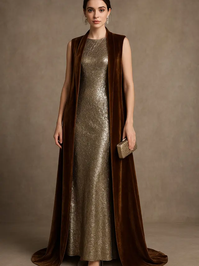 Model Long Dress Brokat Kombinasi Outer Panjang Tanpa Lengan