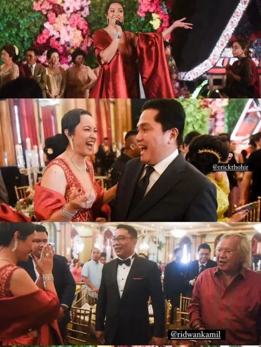 Mengisi acara di resepsi, Lea Simanjuntak tampil glamor dengan sleeveless dress payet warna merah yang dipadu selendang satin polos.[@leasimanjutak]