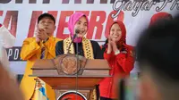 Istri Calon Presiden (Capres) nomor urut 3 Ganjar Pranowo, Siti Atikoh Supriyanti&nbsp;safari politik di Kota Metro, Lampung, Rabu (10/1/2024). (Foto:Liputan6/Winda Nelfira)