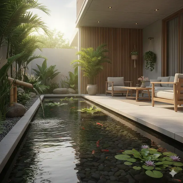 Model Teras Rumah Dekat Kolam Ikan
