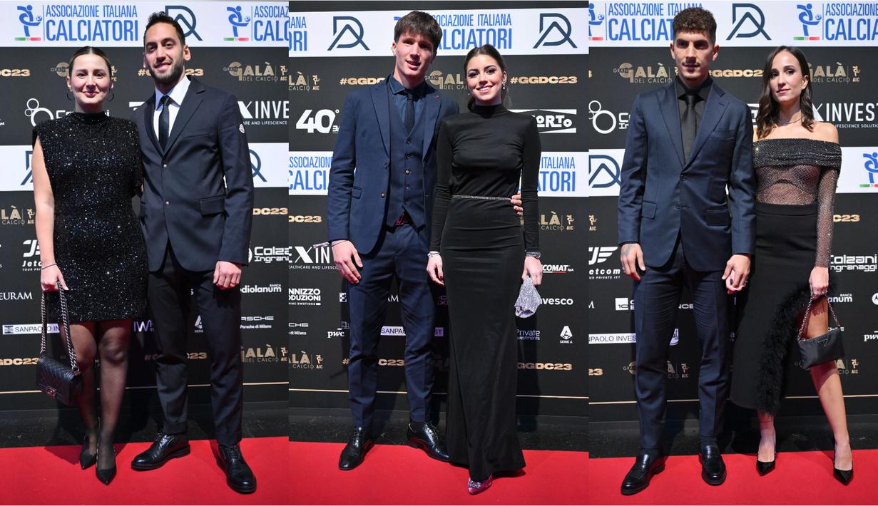 Kolase foto (kiri ke kanan) dari pemain Inter Milan Hakan Calhanoglu bersama pasangannya, pemain Bologna Giovanni Fabbian bersama pasangannya, dan pemain Napoli Giovanni Di Lorenzo bersama pasangannya saat menghadiri Italian Footballers Association (AIC) Awards 2023 di Milan, Italia, Selasa (05/12/2023) WIB. (AFP/Marco Bertorello)