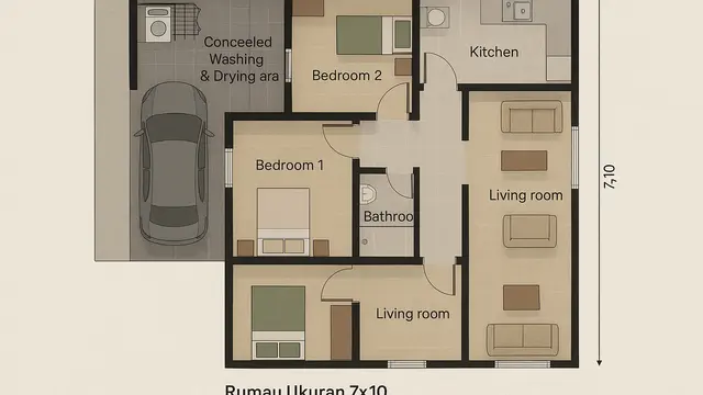 Desain Rumah Ukuran 7x10 Sederhana 3 Kamar Tidur