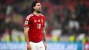Pemain Hungaria, Dominik Szoboszlai, tak kuasa menahan tangis setelah ditaklukkan Irlandia dalam pertandingan Grup F Kualifikasi Piala Dunia 2026 di Stadion Puskas Arena, Budapest, Senin (17/11/2025) dini hari. (AP Photo/Denes Erdos)