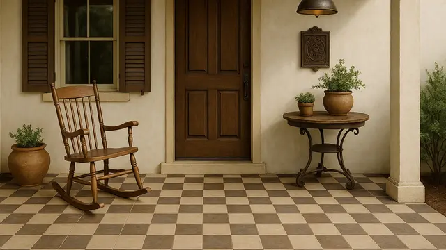 Model Teras Rumah Subsidi Tipe 36 Dengan Lantai Motif Geometris/Ilustrasi AI