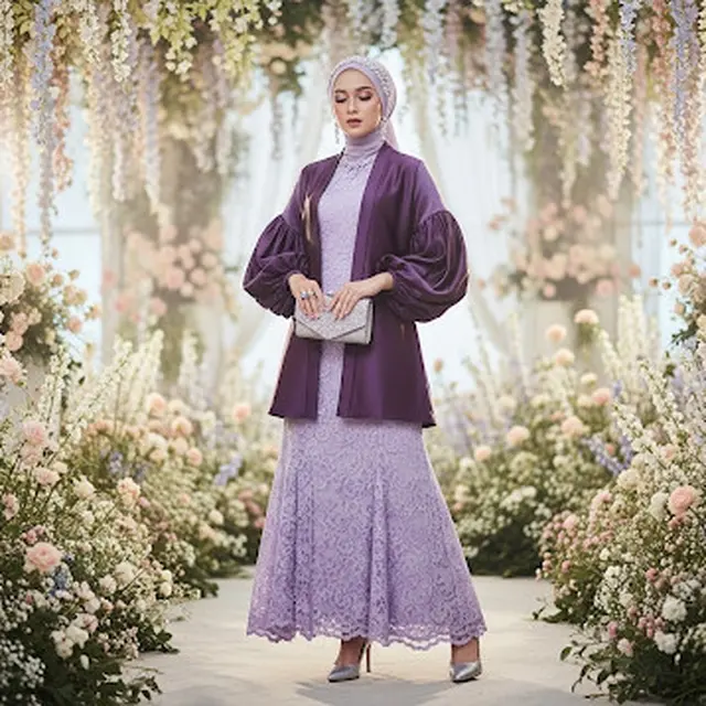 Long Dress Brokat Lavender Model Flare Skirt + Outer Satin Ungu Tua