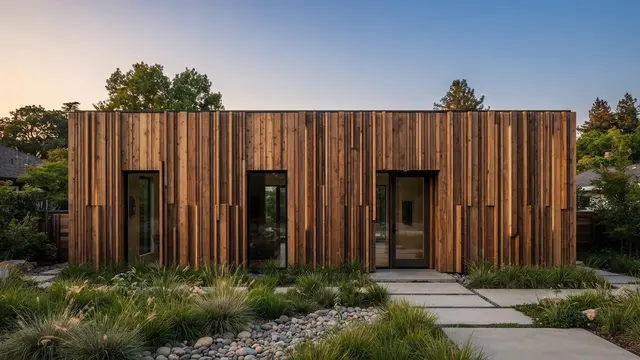Model Fasad Rumah dengan Aksen Kayu Vertikal