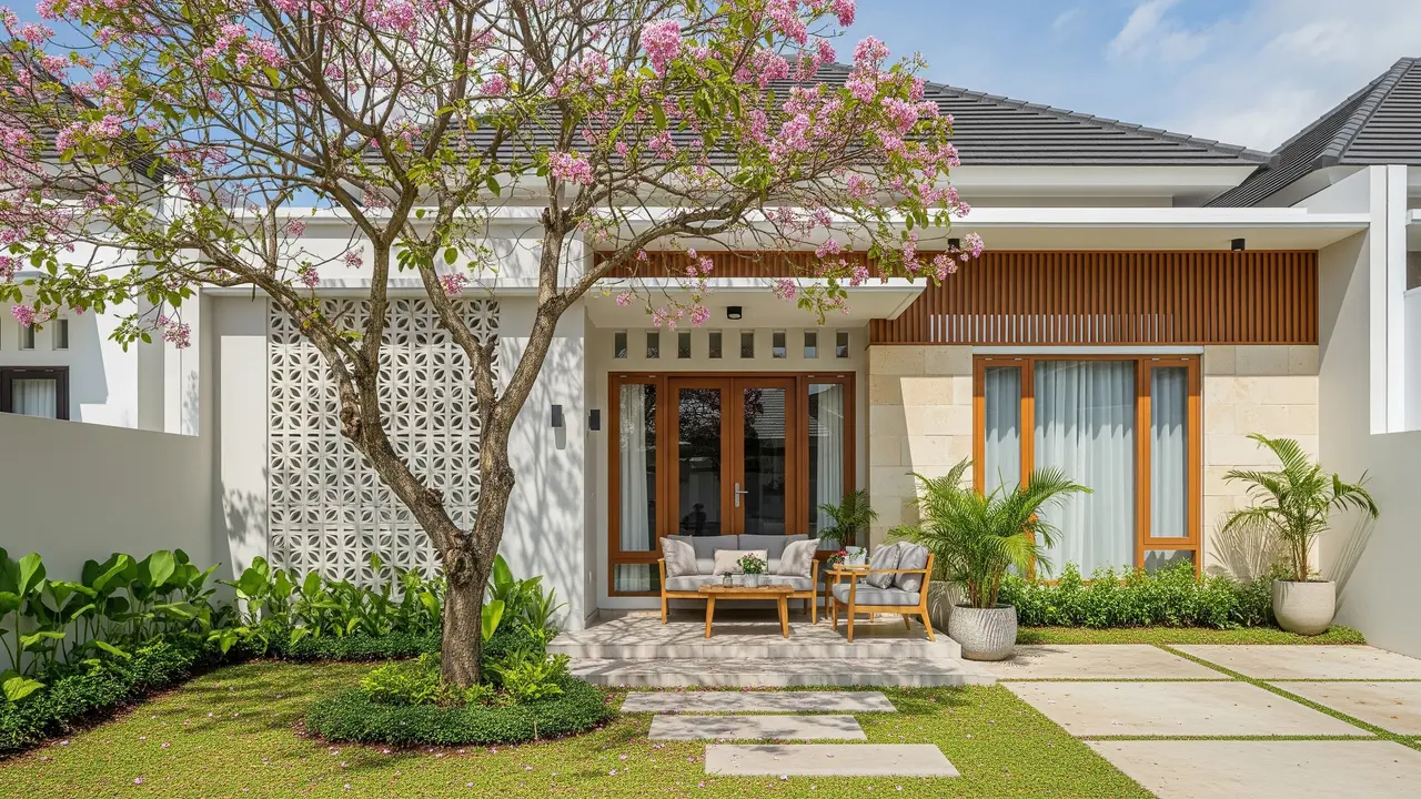 Desain Rumah Modern Terang dengan Teras Mini, Tabebuya dan Roster Estetik