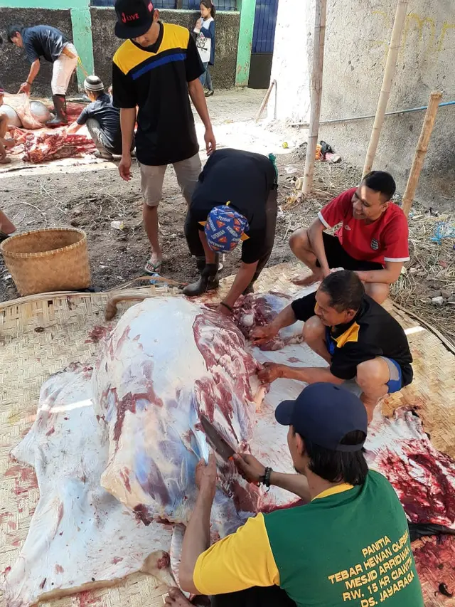 Nampak beberapa petugas kurban di masjid Jami Ar-Ridwan, Ciawitali Garut tengah menguliti hewan kurban sapi