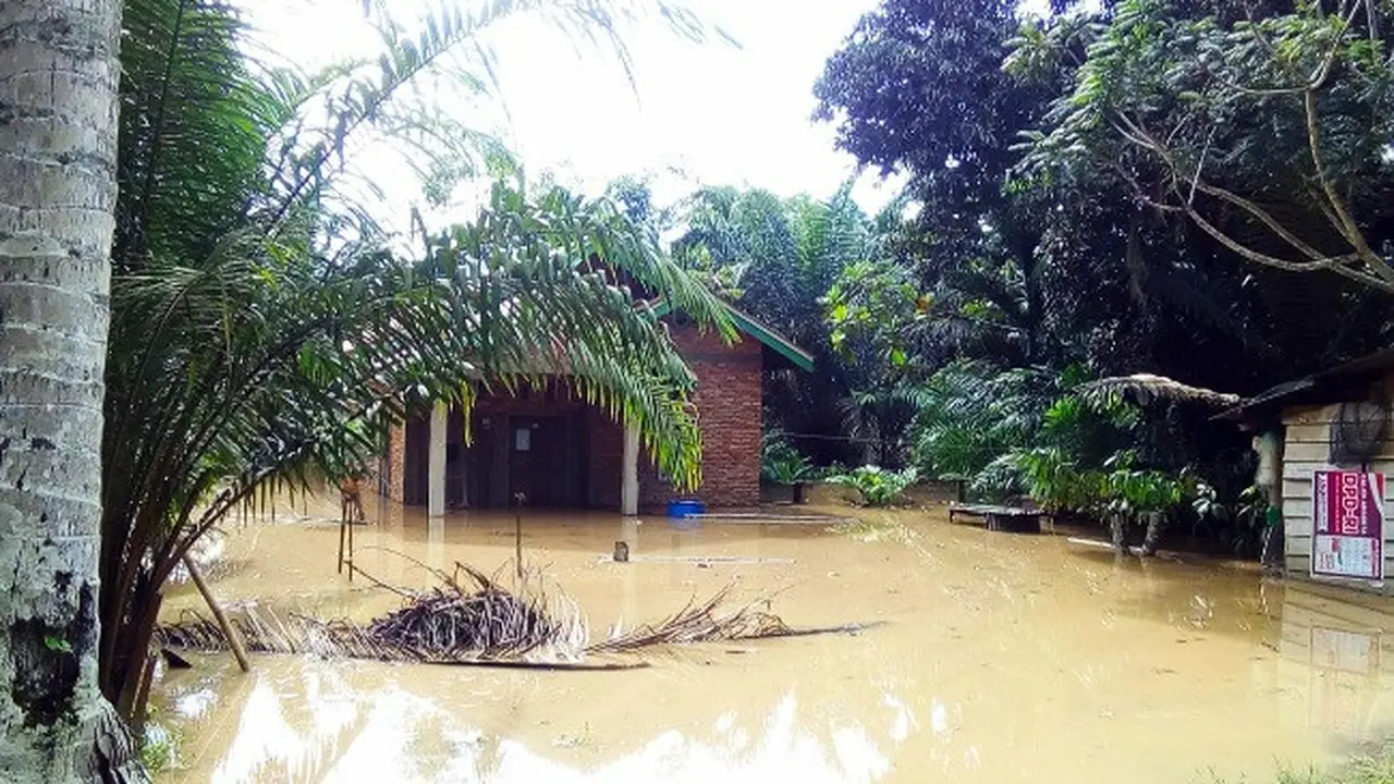 Banjir yang merendam salah satu rumah di Kabupaten Rokan Hulu karena luapan sungai.