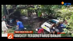 Warga dan TNI bahu membahu untuk evakuasi angkot yang terseret arus banjir.