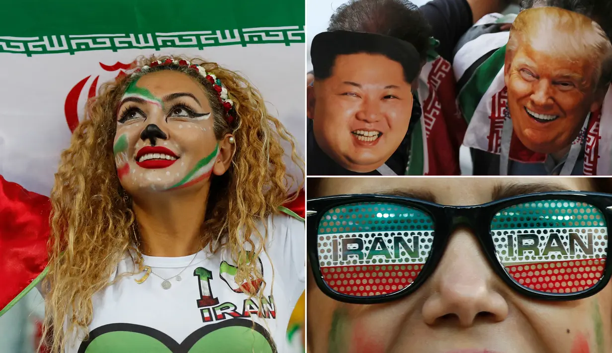 Ada hal unik yang dilakukan suporter Iran saat mendukung negaranya, mereka memakai topeng wajah dari Donald Trump dan Kim Jong-un. Tak hanya itu, sejumlah suporter cantik juga turut menambah semarak suasana. (Kolase foto-foto dari AP)