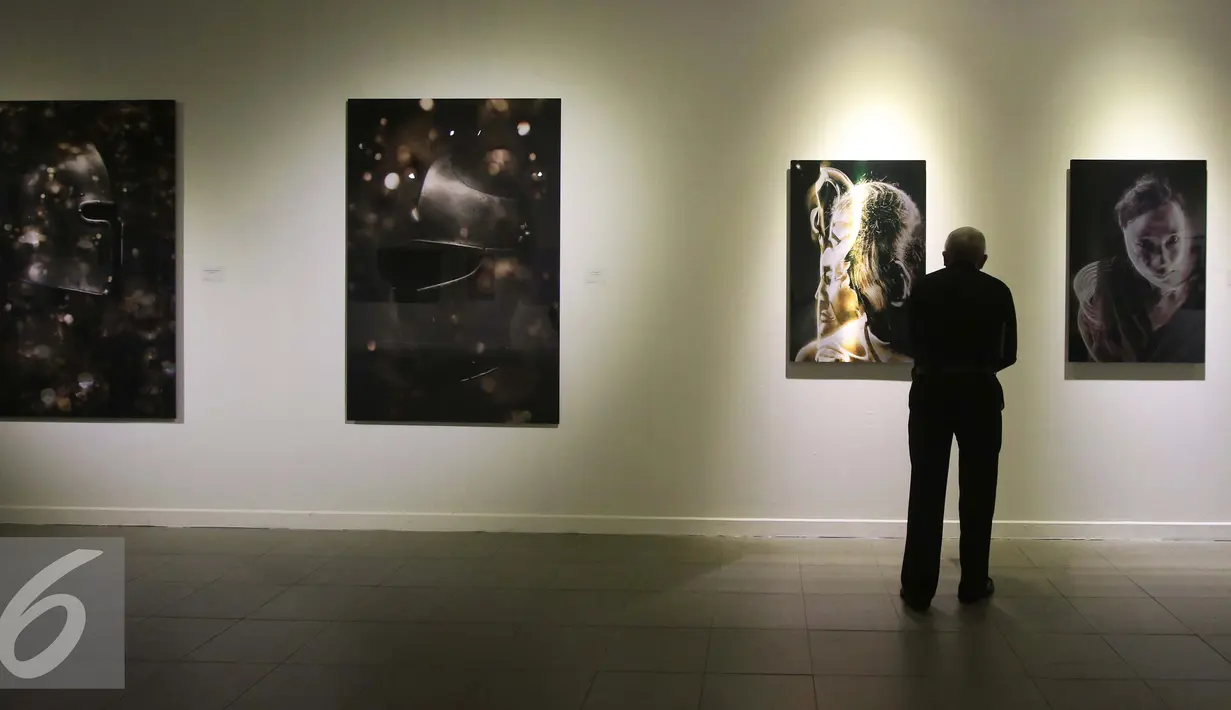 Pengunjung mengamati karya seni dalam pameran fotografi bertema Abad Fotografi di Galeri Nasional, Jakarta, Selasa (15/11). Pameran ini menampilkan 50 karya seni dari 20 perupa asal Indonesia dan Mancanegara. (Liputan6.com/Gempur M. Surya)