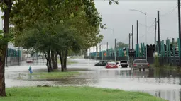 Sejumlah kendaraan terendam air banjir di Houston, Texas, Amerika Serikat (AS), 22 September 2020. Badai tropis Beta yang membawa guyuran hujan ke Texas menyebabkan sejumlah titik di wilayah tersebut tergenang banjir. (Xinhua/Chengyue Lao)