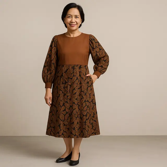 Model Dress Batik Kombinasi Polos Lengan Panjang untuk Ibu-ibu 50 Tahun/Ilustrasi gambar oleh AI