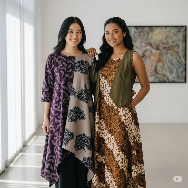 Rekomendasi Longdress Kombinasi Polos Batik Lengan Loose Terbaru 2025. Foto: Gemini