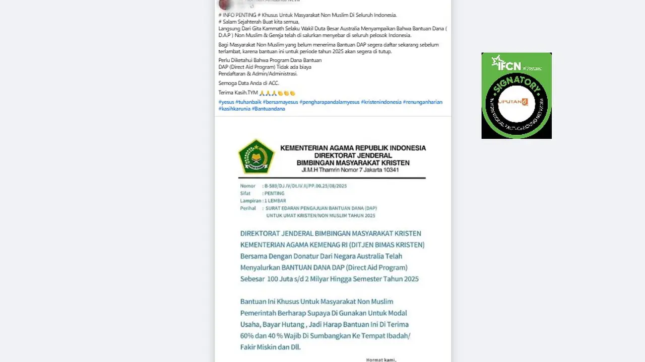 Tangkapan layar Facebook soal klaim link pendaftaran bantuan non muslim dari Ditjen Bimas Kristen Kemenag dan Australia.