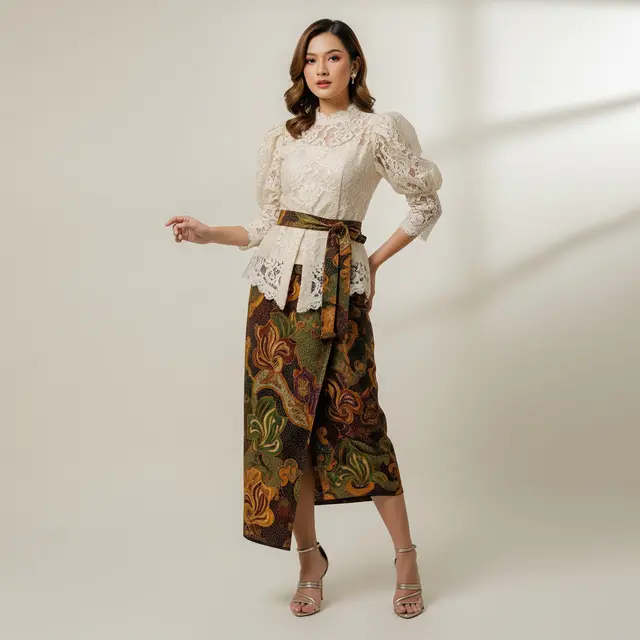 Model Atasan Brokat Timeless dengan Rok Batik Lilit Kekinian